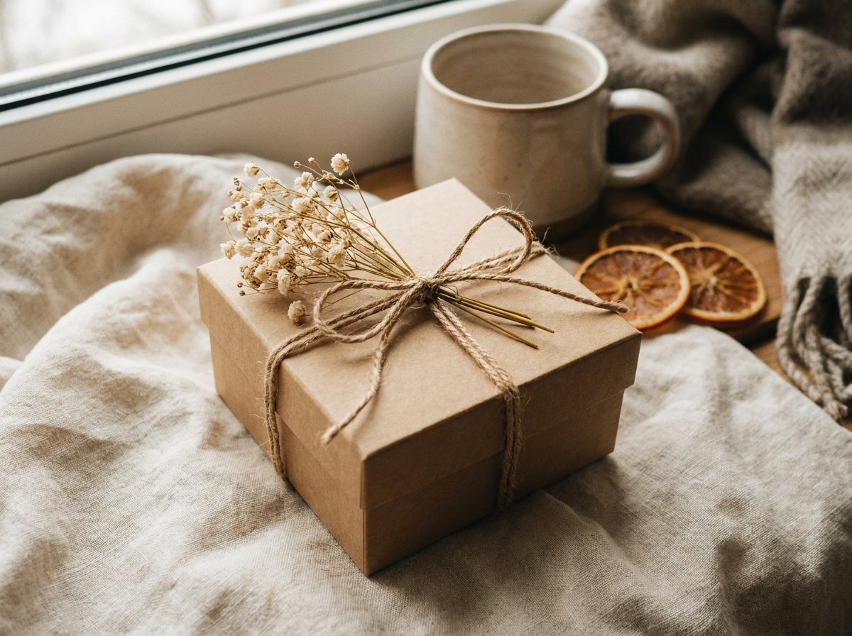 Kraft gift box wrapped in twine with dried babies-breath florals